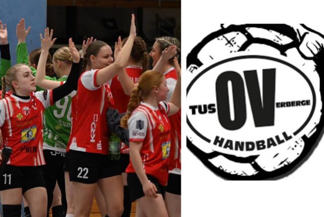 Collage: Links: Handballspielerinnen des HC TuRa Bergkamen, die sich abklatschen; rechts: Das Logo der Handballabteilung des TuS Eintracht Overberge.