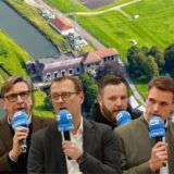 Die Direktkandidaten bei der Bundestagswahl 2025 im Wahlkreis Unna I in einer Bildmontage vor einem Foto vom Wasserwerk in Fröndenberg (v.l.) Oliver Schröder (Die Linke), Michael Sacher (Bündnis 90/Die Grünen), Oliver Kaczmarek (SPD), Benjamin Lehmkühler (FDP), Dr. Tilman Rademacher (CDU) und Friederike Hagelstein (AfD).