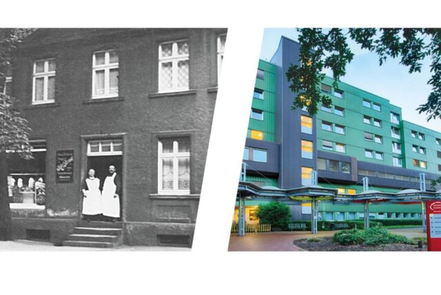 Historische Ansicht und modernes Klinikum der Knappschaft Kliniken Kamen