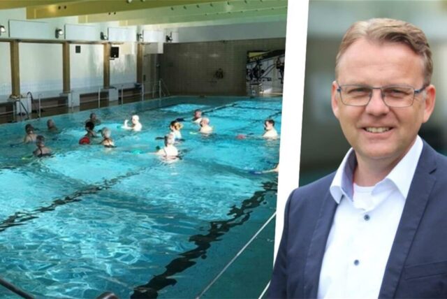 Bürgermeister Thomas Orlowski und ein Blick ins Hallenbad in Selm mit mehreren Schwimmern