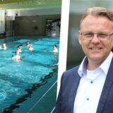 Bürgermeister Thomas Orlowski und ein Blick ins Hallenbad in Selm mit mehreren Schwimmern