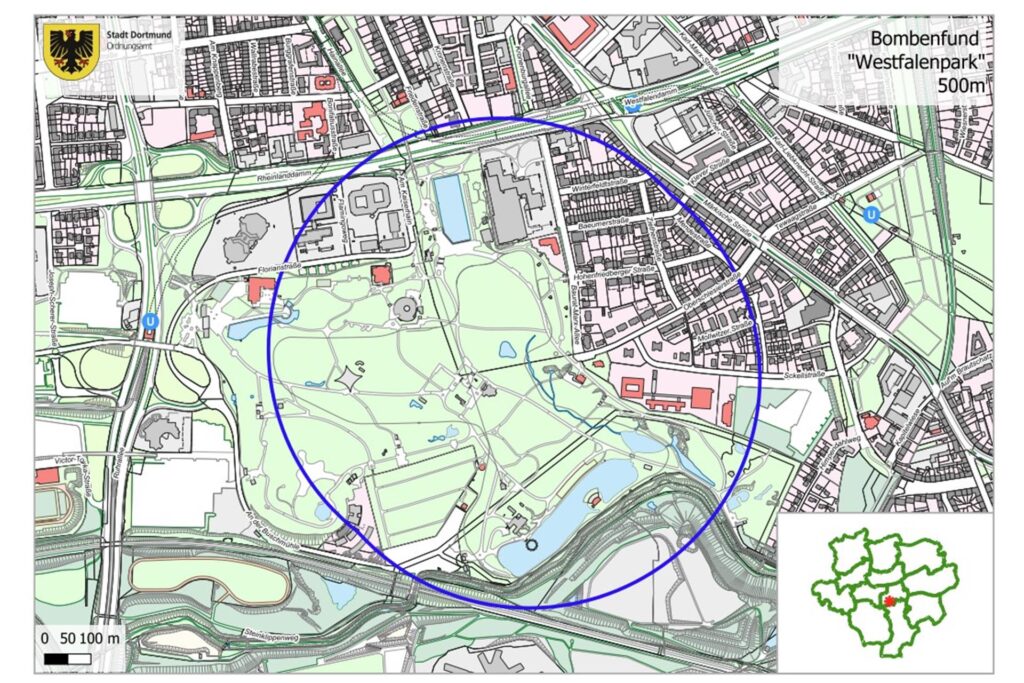 Eine grafische Karte mit blauen Kreisen zeigt, in welchem Radius in Dortmund nach einem Blindgängerfund im Westfalenpark evakuiert werden muss