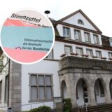 Das Fröndenberger Rathaus als Außenansicht. Hier im Bild ist die weiß-graue Frontfassade zu sehen.