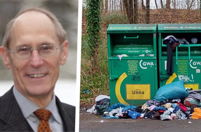 Montage: Links ein Porträt von Ernst-Dieter Standop, rechts ein Bild des Altkleider Containers an der Unnaer Straße in Kamen.