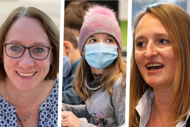 Montage: Links Dr. Jennifer Lach, Schulleiterin der Willy-Brand-Gesamtschule und rechts Dr. Mirja Beutel, Schulleiterin des Städtischen Gymnasiums. In der Mitte eine Schülerin mit Mütze und Mundschutz.