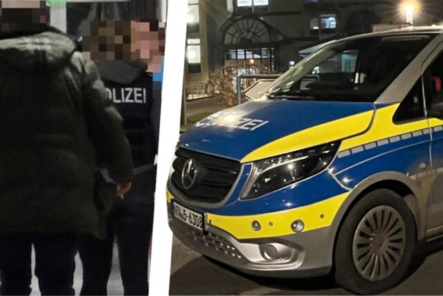 Polizisten auf dem Weg zu einer Befragung des Zeugen.