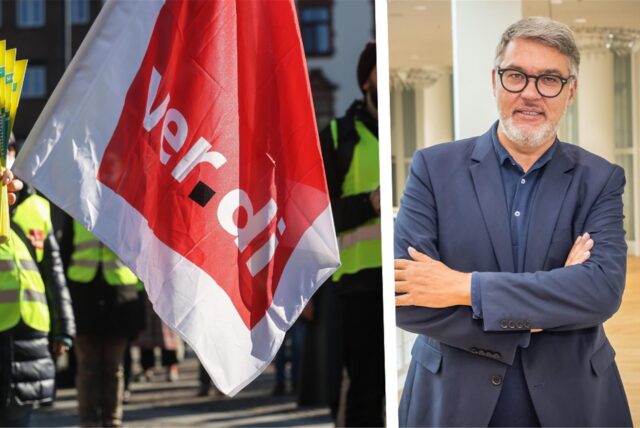Eine Fahne der Gewerkschaft Verdi bei einer Demo und Oberbürgermeister Thomas Westphal in einer Montage.