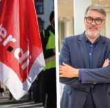 Eine Fahne der Gewerkschaft Verdi bei einer Demo und Oberbürgermeister Thomas Westphal in einer Montage.