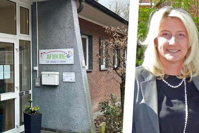 Links im Bild die Kita „Auf dem Berg“, rechts die Bereichsleiterin der Jugendhilfe Werne, Stephanie Kißmann.