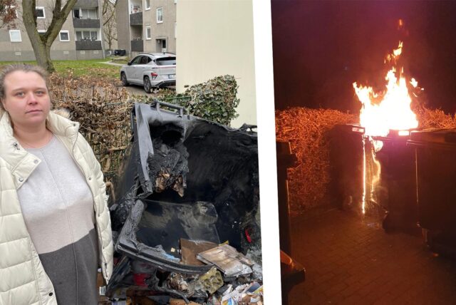 Vera Nowacki, Anwohnerin der Albert-Schweitzer-Straße in Jungferntal, steht neben einer der ausgebrannten Mülltonnen; ein Foto aus der Tatnacht: Eine Mülltonne steht in Flammen.