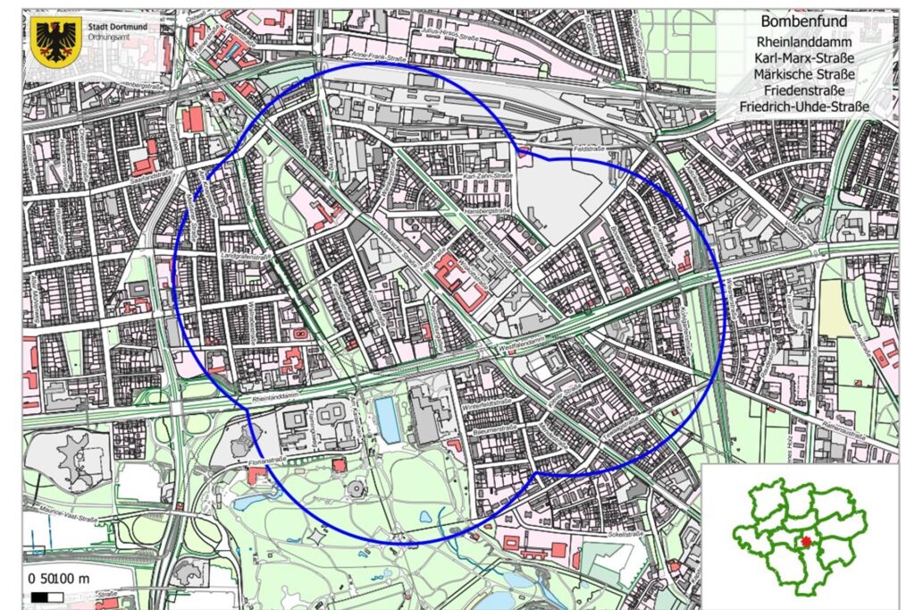 Die Grafik zeigt den möglichen Evakuierungsradius in Dortmund, wenn sich alle Verdachtspunkte bestätigen. Die Grafik zeigt den möglichen Evakuierungsradius in Dortmund, wenn sich alle Verdachtspunkte bestätigen.