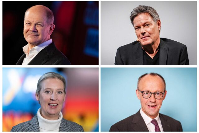 Bundeskanzler Olaf Scholz (SPD, Archivfoto vom 04.02.2025, oben, l), Robert Habeck (Bündnis 90/Die Grünen, Archivfoto vom 15.01.2025, oben, r), Bundesminister für Wirtschaft und Klimaschutz und Kanzlerkandidat der Grünen, Alice Weidel (Archivfoto vom 12.01.2025), AfD-Bundesvorsitzende und Kanzlerkandidatin der AfD, sowie Friedrich Merz (Archivfoto vom 19.12.2024), CDU-Bundesvorsitzender, CDU/CSU-Fraktionsvorsitzender im Bundestag und Unions-Kanzlerkandidat.