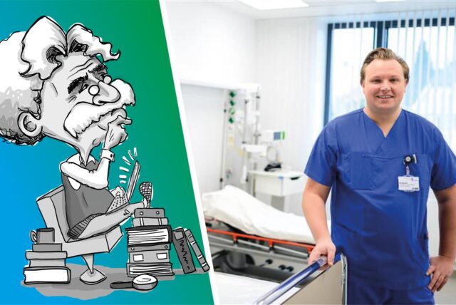 Pflegefachkraft steht an einem Bett im Krankenhaus.