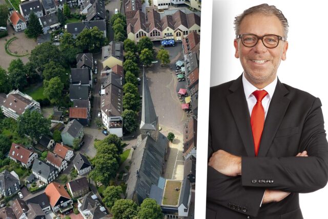 Links ein Luftbild von Schwerte, rechts lächelt LBS-Gebietsleiter Klaus Krahnhof in die Kamera.