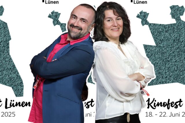 Nikolaj Nikitin und Sonja Hofmann leiten das 34. Kinofest Lünen. Im Hintergrund ist das Kino Cineworld zu sehen.