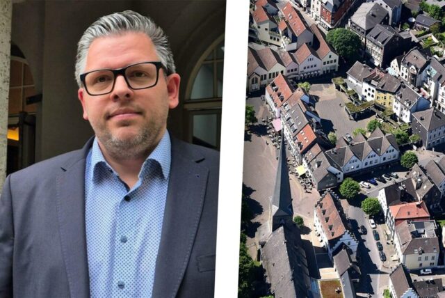 Schwertes Kämmerer Niklas Luhmann, rechts ein Luftbild von Schwerte