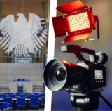 Ein Blick in den Bundestag und ein Bild einer Kamera.