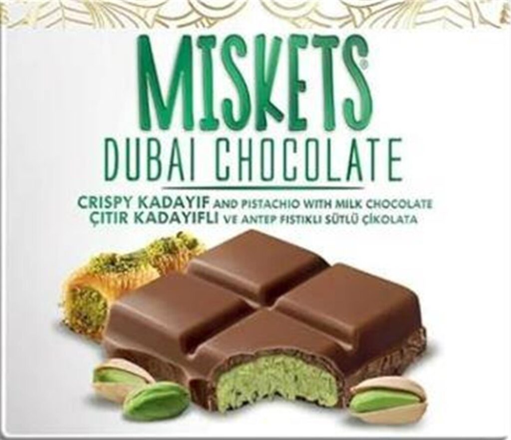 Eine Verpackung der Dubai-Schokolade von Miskets, für die es eine Rückrufaktion gibt.
