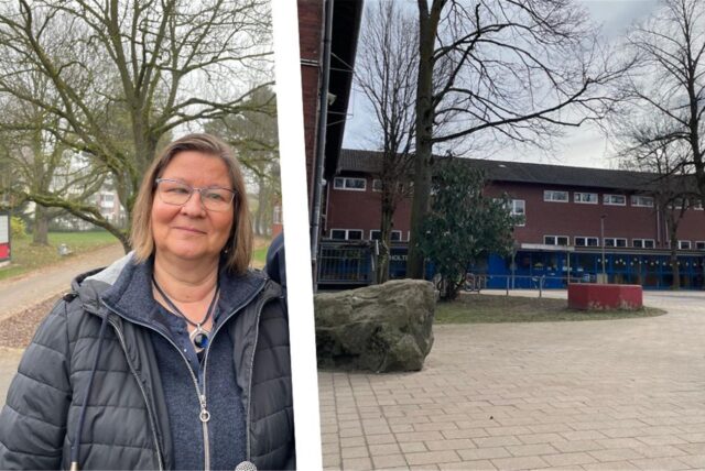 Bildkombo: links Rektorin Martina Röhr, rechts Schulhof und Schule der Holte-Grundschule in Lütgendortmund.