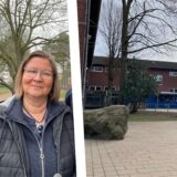 Bildkombo: links Rektorin Martina Röhr, rechts Schulhof und Schule der Holte-Grundschule in Lütgendortmund.