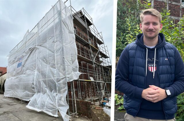 Montage: Links das eingerüstete Ruschenbaumhaus, rechts Ortsvorsteher Marcal Zilian.
