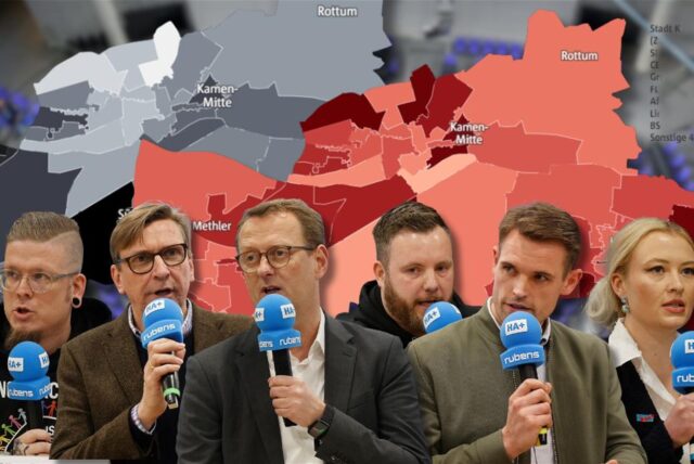 Die grafische Wahlanalyse veranschaulicht die Zweitstimmen-Ergebnisse der Bundestagswahl. Vor der Karte stehen die Direktkandidaten der Linken, Grünen, SPD, FDP, CDU und AfD.
