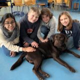 Schülerinnen und Schüler mit Schulhund Charly in einem Klassenraum des Reinoldus- und Schiller-Gymnasiums in Dortmund.
