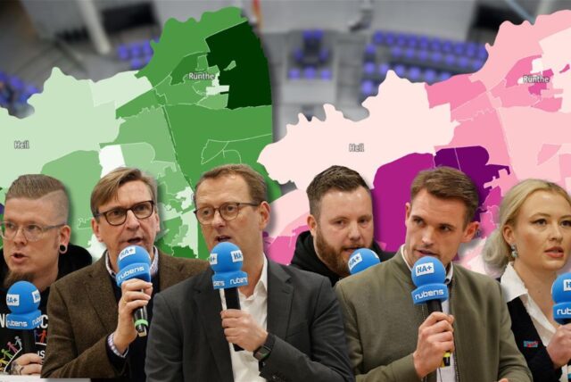 Die grafische Wahlanalyse veranschaulicht die Zweitstimmen-Ergebnisse der Bundestagswahl. Hier sind die Direktkandidaten von Linke, Grünen, SPD, FDP, CDU und AfD zu sehen.