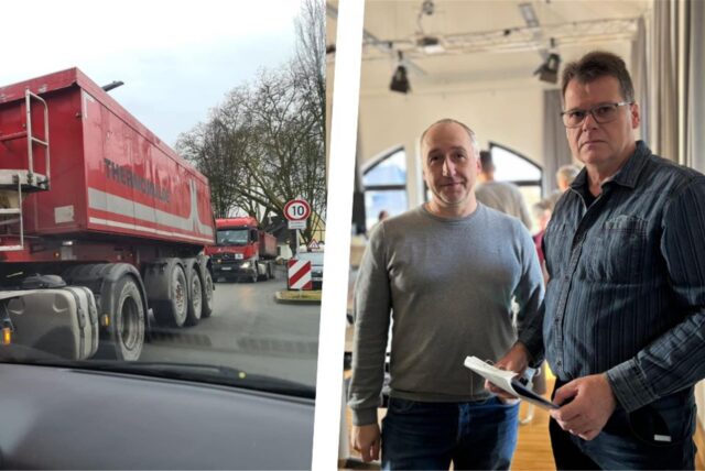 Bildkombo: Muldenkipper links, Andreas Birkholz und Jörg Sandmeier rechts.