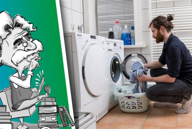Mann befüllt die Waschmaschine.