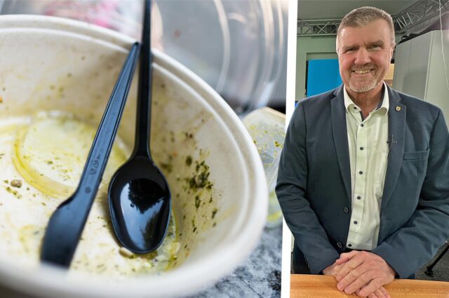 Montage aus dreckigem Plastikgeschirr (links) und Erstem Beigeordneten Bernd Kasischke rechts.