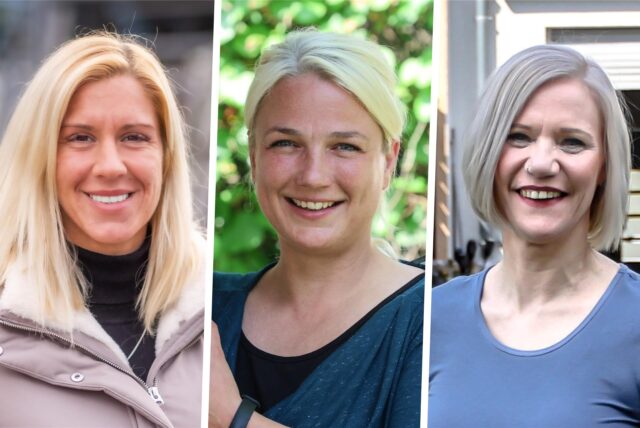 Drei Frauen in einer Montage mit Schrägstrichen