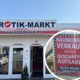 Der Eingang des Erotikmarktes in Unna-Königsborn in einer Montage mit einem Schild für den Räumungsverkauf.