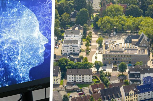 Montage: Links ein KI-Symbolbild, rechts ein Luftbild vom Holzwickeder Rathaus.