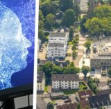 Montage: Links ein KI-Symbolbild, rechts ein Luftbild vom Holzwickeder Rathaus.