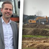 GWG-Geschäftsführer Lars Podchull lächelt in die Kamera. Rechts ist ein Bagger auf der Baustelle am Neubaugebiet „Am Musikantenviertel“ in Schwerte-Ergste zu sehen.