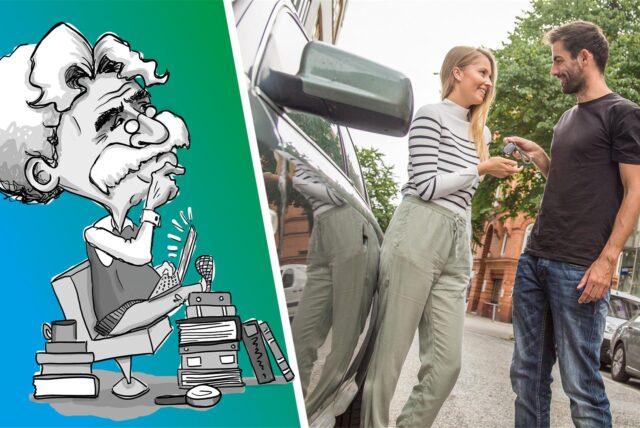 Ein Mann übergibt einer Frau den Autoschlüssel.
