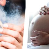 Eine Fotomontage, links im Bild raucht ein Mann einen Joint, rechts im Bild ist der Bauch einer Schwangeren
