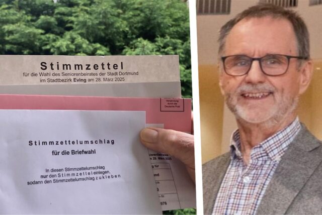 Links Unterlagen für die Wahl des Seniorenbeirats in Dortmund, rechts Seniorenbeirats-Vorsitzender Martin Fischer.