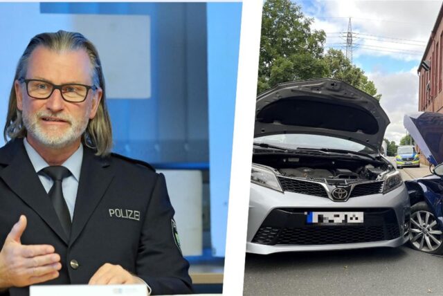 Direktionsleiter Verkehr, Erster Polizeihauptkommissar Thomas Röwekamp stellt die Verkehrsunfallstatistik 2024 vor. Rechts ist ein Unfall zu sehen, der sich auf der Schäferkampstraße in Holzwickede ereignet hat.