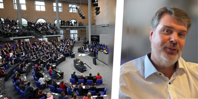 Bildkollage: Links eine Sitzung des Deutschen Bundestags, rechts der Abgeordnete Michael Thews (SPD) aus Lünen.