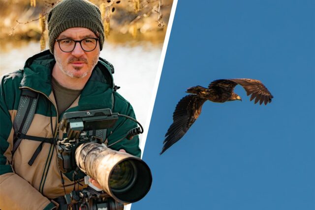 Bildmontage: Naturfotograf Marlon mit Teleobjektiv und ein fliegender Adler vor blauem Himmel.