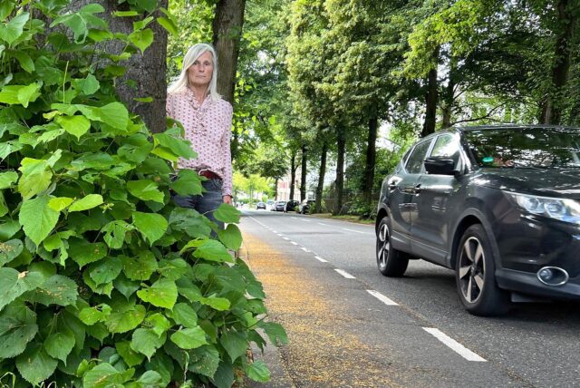 Anwohnerin Danja Abel demonstriert, wie leicht am Kessebürener Weg ein Mensch zwischen Bäumen und geparkten Autos optisch verschwindet.
