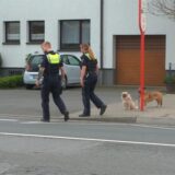 Eine Polizistin und ein Polizist laufen die Flughafenstraße in Dortmund entlang. Dort wurde ein Taser gegen eine Frau eingesetzt. Zwei Hunde, die sich im Auto der Frau befanden, sind im Hintergrund zu sehen.