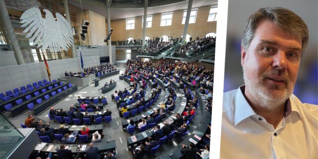 Bildkollage: Links eine Sitzung des Deutschen Bundestags, rechts der Abgeordnete Michael Thews (SPD) aus Lünen.