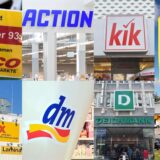 Bildmontage mit den Logos der Einzelhandelsunternehmen Poco, Tedox, Action, DM, Kik, Deichmann und Takko.