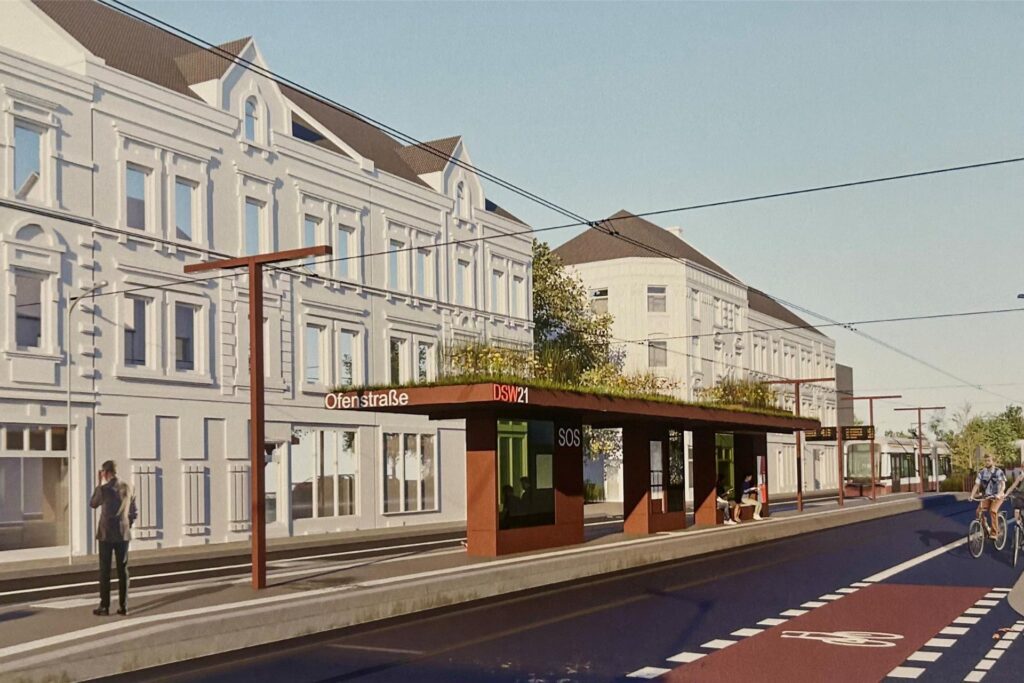Dieser Entwurf für die Haltestelle Ofenstraße kam auf Platz 2 des Wettbewerbs. Dieser Entwurf für die Haltestelle Ofenstraße kam auf Platz 2 des Wettbewerbs.