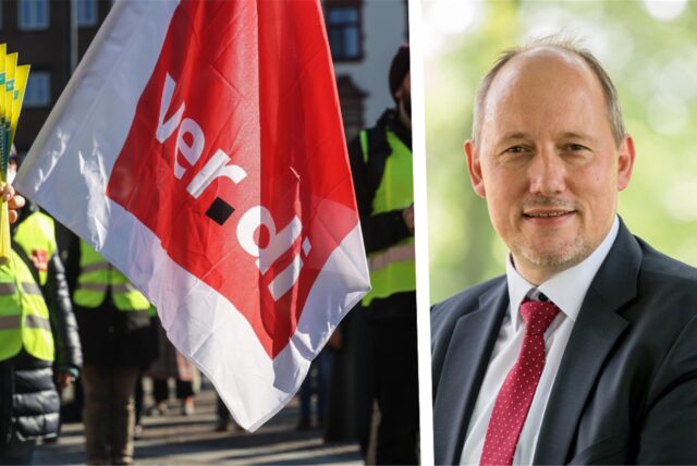 Eine Fahne der Gewerkschaft Verdi bei einer Demonstration und ein Porträt von Personaldezernent Christian Uhr.