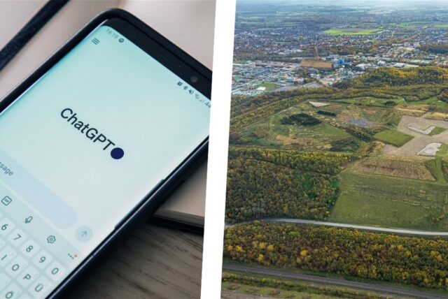 Links ein Smartphone, das die App ChatGPT anzeigt, rechts der Blick von der Adener Höhe in Bergkamen.