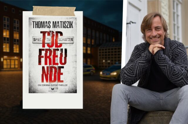 Montage: Thomas Matiszik sitzt auf einer Treppe und lächelt in die Kamera.